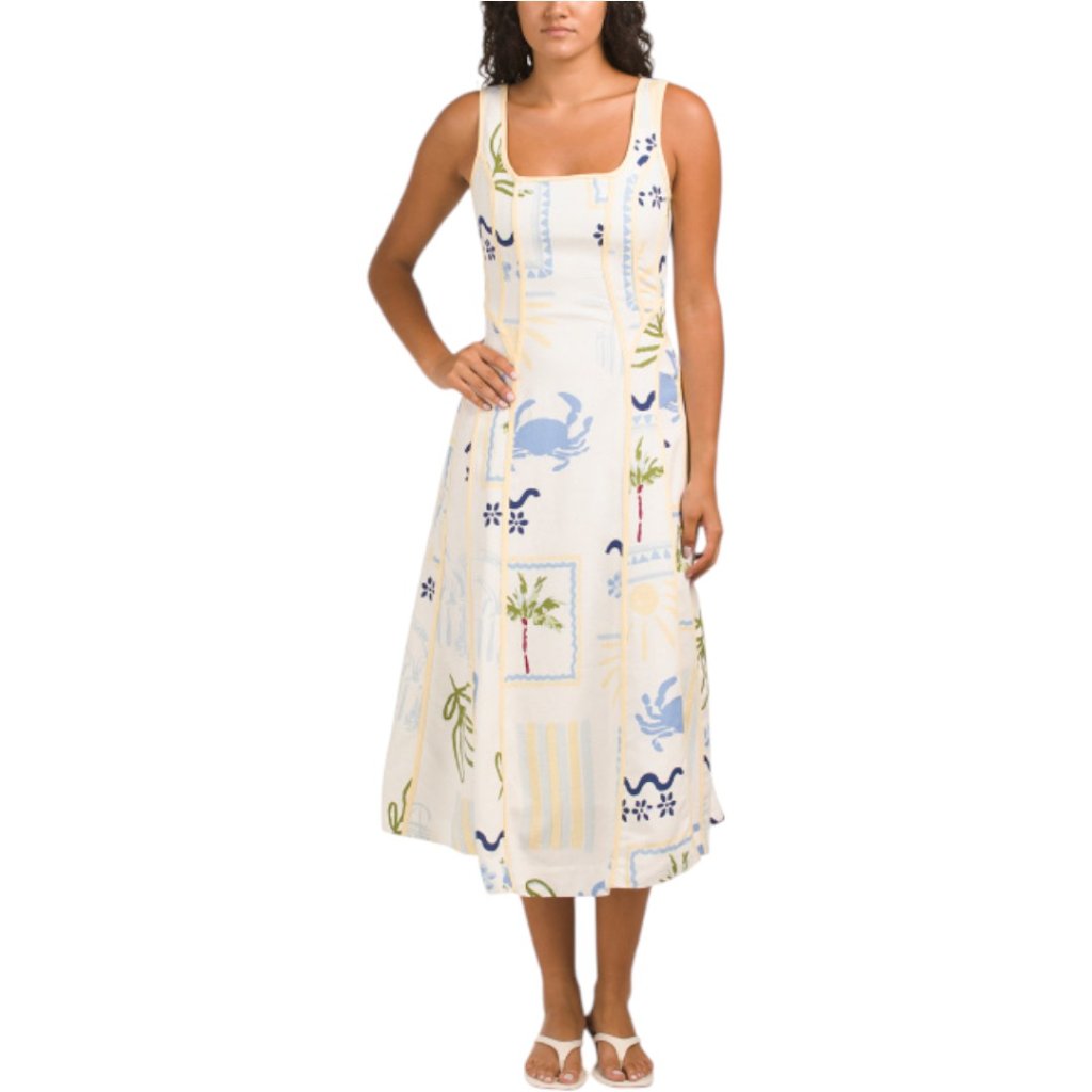 Caroline Constas Linen Blend Printed Midi Dress
